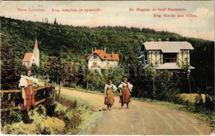 1907 Tátralomnic, Tatranská Lomnica (Magas-Tátra, Vysoké Tatry); Evangélikus templom, Dr. Magyar és Gróf Bissingen nyaralók. Feitzinger Ede No. 919. 1906/16. / Evg. Kirche und Villen / Lutheran church, villas (Rb)