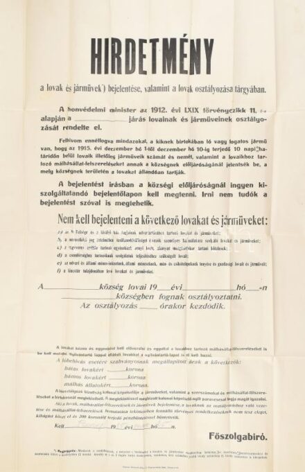 1915 Rozsnyó, hirdetmény lovak és járművek bejelentése valamint a lovak osztályozása tárgyában. Nagy méretű plakát 60x90 cm