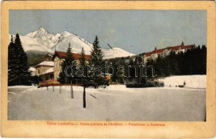 Tátralomnic, Tatranská Lomnica (Magas-Tátra, Vysoké Tatry); Palota szálloda és fürdőház télen. Feitzinger Ede No. 18W. / Palasthotel u. Badehaus / hotel, spa, bath in winter (r)