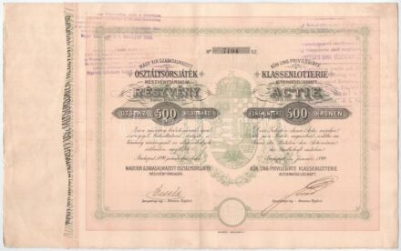 Budapest 1899. 'Magyar Királyi Szabadalmazott Osztálysorsjáték Részvénytársaság' részvénye 500K-ról, felülbélyegzésekkel T:III kis szakadások