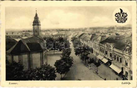 1940 Losonc, Lucenec; látkép, zsinagóga, Duna Bank, Brüll üzlete, címer. Salamon Károly kiadása / general view, synagogue, bank, shops, coat of arms
