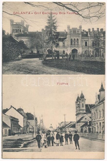 1910 Galánta, Gróf Esterházy Béla kastélya, Fő utca / castle, main street + 'WIEN - POZSONY - BUDAPEST 46 A' vasúti mozgóposta bélyegző (ázott sarkak / wet corners)