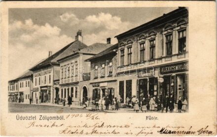 1906 Zólyom, Zvolen; Fő tér, Alexics Miklós és Schvarcz B. üzlete, Zólyom és Vidéke vállalat, takarékpénztár, vendéglő / main square, shops, restaurant, savings bank (r)