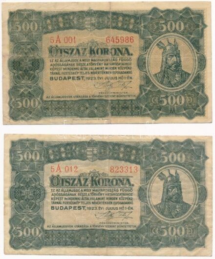 1923. 500K (2xklf: nyomdahely jelöléssel és nélküle) T:III Hungary 1923. 500 Korona (2xdiff: with printer's mark and without it) C:F Adamo K34