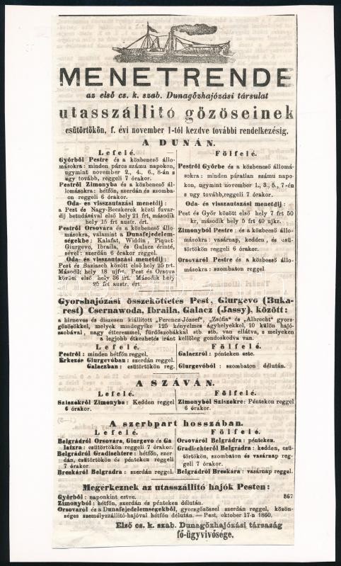 cca 1860 Dunai gőzhajók menetrendje 4 db kartonra ragasztott kivágás - Image 3