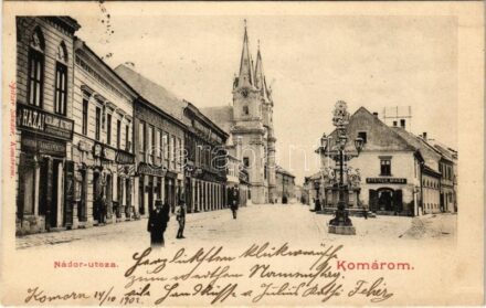 1902 Komárom, Komárno; Nádor utca, Hazai Általános Biztosító Rt. főügynöksége, Korona Takarékpénztár, Komárom-Vidéki Takarékpénztár, Steiner Miksa üzlete. Spitzer Sándor kiadása / street view, insurance company, savings bank,