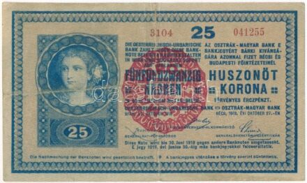 1918. 25K '3104' 3mm, hullámos hátlappal, hamis piros 'MAGYARORSZÁG' körbélyegzővel (fake overprint) T:III Adamo K22/3
