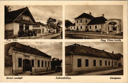 Lakszakállas, Sokolce; Nagy Vilmos kastélya, Molnár János vendéglője, automobil, Községháza, Fogyasztási szövetkezet üzlete és saját kiadása / castle, restaurant, automobile, town hall, cooperative shop