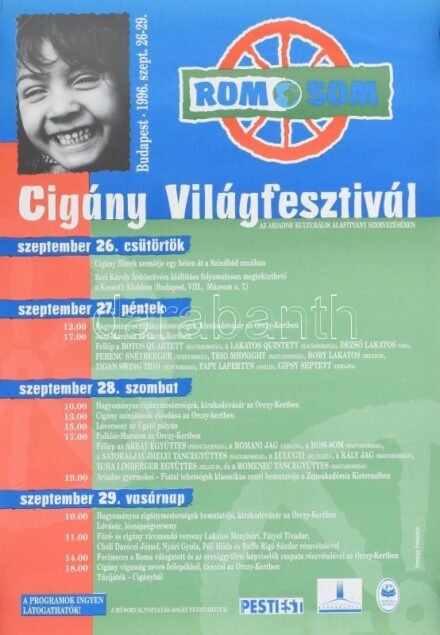 1996 Bp., Rom-Som Cigány Világfesztivál, plakát, kis sérüléssel, 58x40,5 cm