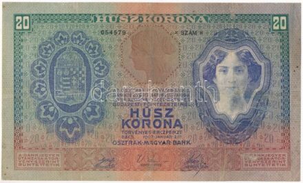 1907. 20K '2105 054579' T:III restaurált Hungary 1907. 20 Korona '2105 054579' C:F,VG hole Adamo K16