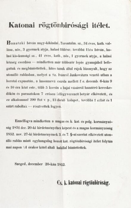 1852 Betyár támadásban résztvevők elleni rögtönbírósági ítéletének hirdetménye 24x39 cm