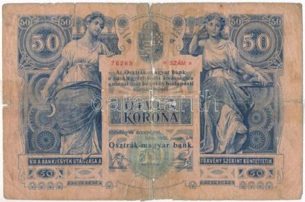 1902. 50K '1365 76263' T:V ragasztott, fo. Hungary 1902. 50 Korona '1365 76263' C:Pr sticked, spotted Adamo K23