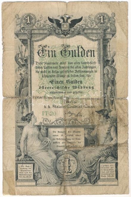 1866. 1G 'STN' vízjeles papíron, 'IT20' sorszámmal T:III- ly. Austrian Empire 1866. 1 Gulden on 'STN' watermark paper, 'IT20' serial C:VG holes Adamo G97