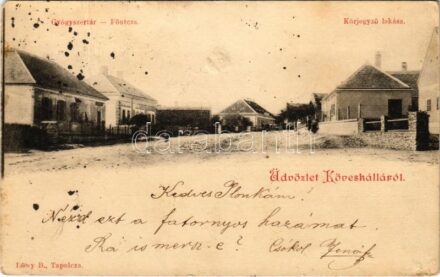 Köveskál, Fő utca, Gyógyszertár, Körjegyző lakása. Löwy B. kiadása (EM)