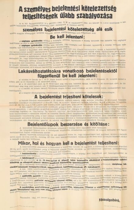 1941 Szentendre, személyes bejelentési kötelezettség lakás, tartózkodás esetére. Nagy méretű plakát, hajtva. 62x98 cm