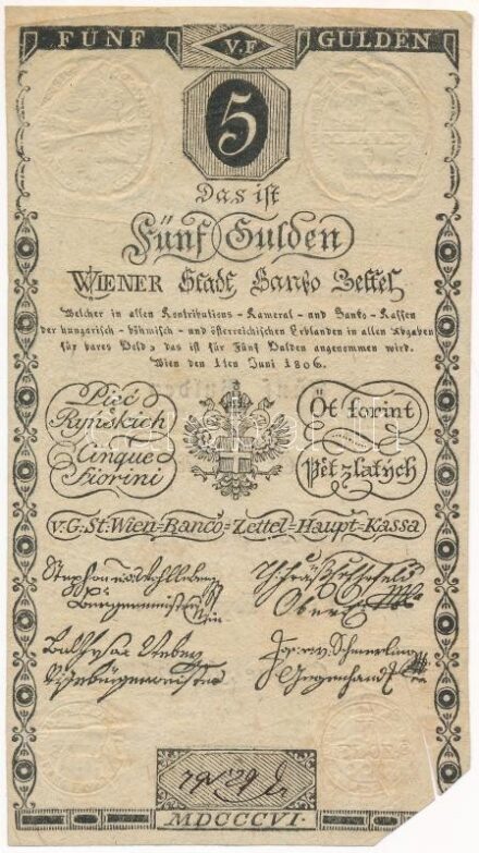1806. 5G 'Bécsi városi bankócédula' vízjeles papíron, szárazpecséttel T:III sarokhiány, onnan kiindulva a papírba belevágtak Habsburg Monarchy 1806. 5 Gulden 'Wiener-Stadt Banco-Zettel' with watermark and embossed stamp C:F missing