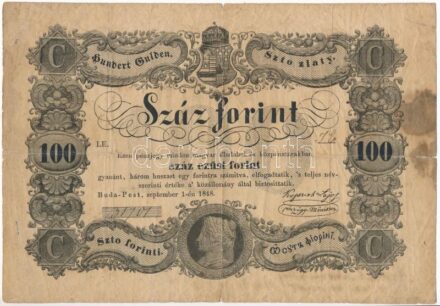 1848. 100Ft 'Kossuth bankó' hátoldalán fekete tintával és augusztus 9-i dátummal írt adományozói szöveg T:III- beszakadások, fo. Hungary 1848. 100Ft 'Kossuth banknote' donor text wrote with black ink on the back, dated 9th August C:VG