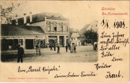 1900 Székelykeresztúr, Kristur, Cristuru Secuiesc; Fő tér, Lengyel László és Wagner Vilmos üzlete. Kapható Lengyel László kereskedésében / shops, square
