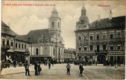 Kolozsvár, Cluj; Kossuth Lajos utca torkolata, Központi szálloda, Biasini Sándor utóda, Medgyesy és Nyegrutz, Pap Ernő üzlete, gyógyszertár / street, hotel, shops, pharmacy