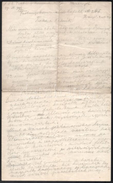 1914 A Przemysl-ben harcoló K. u. k. Festungskommando No. 246 1914. okt- 9-én kiadott vezetői parancsa magyarul, kézzel leírva és beszámoló a harcokról, Deutsch Leó kadét szüleinek elküldött 4 oldalas levele, rendkívül érdekes