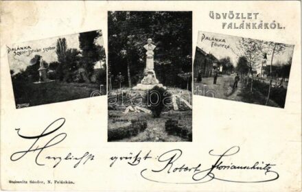 Palánka, Németpalánka, Backa Palanka; Szent István és Mezey szobor, Fő utca. Steimnitz Sándor kiadása / statues, main street