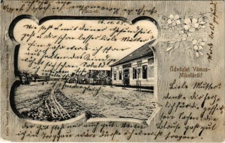 1905 Vámosmikola, Vámos-Mikola; Piactér, Gyógyszertár télen. Turcsányi Kálmán kiadása. Floral (EM)