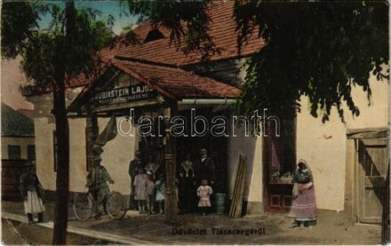 1926 Tiszacsege, Rubinstein Lajos üzlete, férfi kerékpárral (EB)
