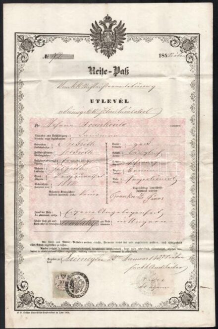 1857 Frankovits János zalaszentgróti nemes részére kiállított útlevél, 30K okmánybélyeggel, pecsételve, hajtva, de jó állapotban