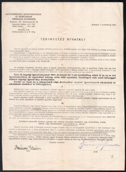 1941 Magyarországi Mutatványosok és Érdektársaik Egyesülete felhívás és tagsági igazolvány minta