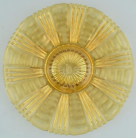 Art Deco stílusú borostyán színű üvegtál, kopott, d:29cm