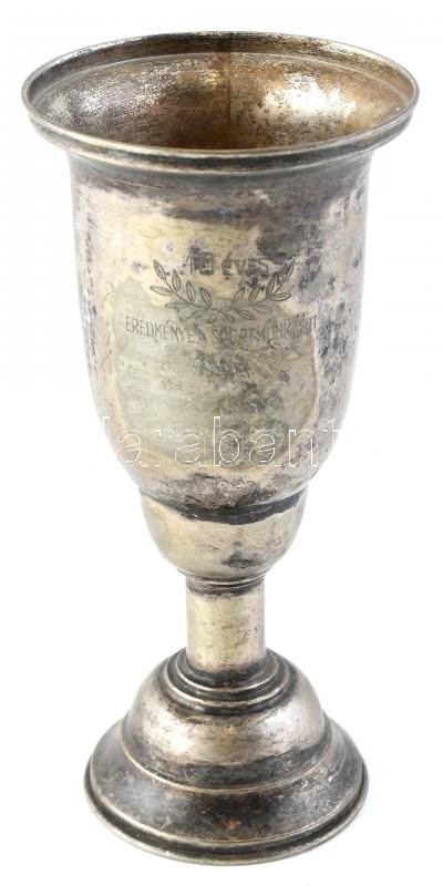 Fém serleg, 10 éves eredményes sportmunkáért gravírozott felirattal, kopott, m: 22 cm, d: 10,5 cm