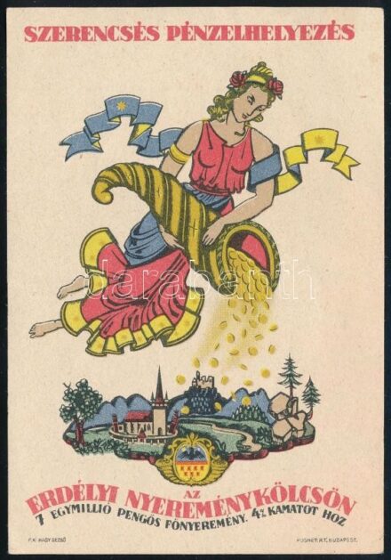 1941 Erdélyi nyereménykölcsön, reklám szórólap, graf.: Mallász Gitta, szép állapotban, 12,5×8,5 cm