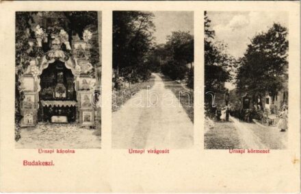 Budakeszi, Úrnapi körmenet, kápolna és virágosút. Fehér Béla fényképész kiadása (fl)