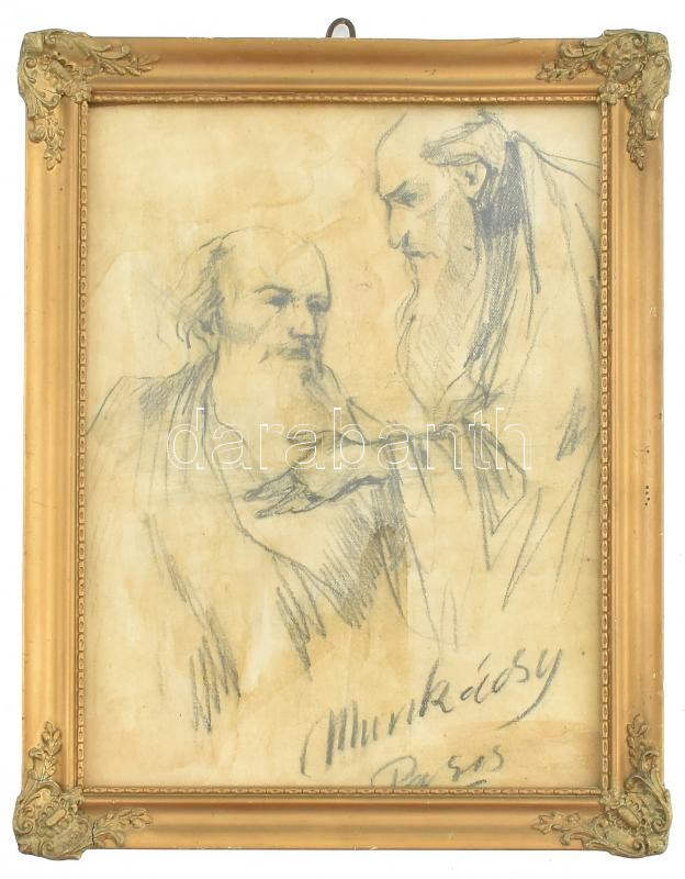 Munkácsy Paris jelzéssel: Beszélgetők. Ceruza, papír, foltos. Üvegezett, dekoratív fa keretben. 23,5x18 cm