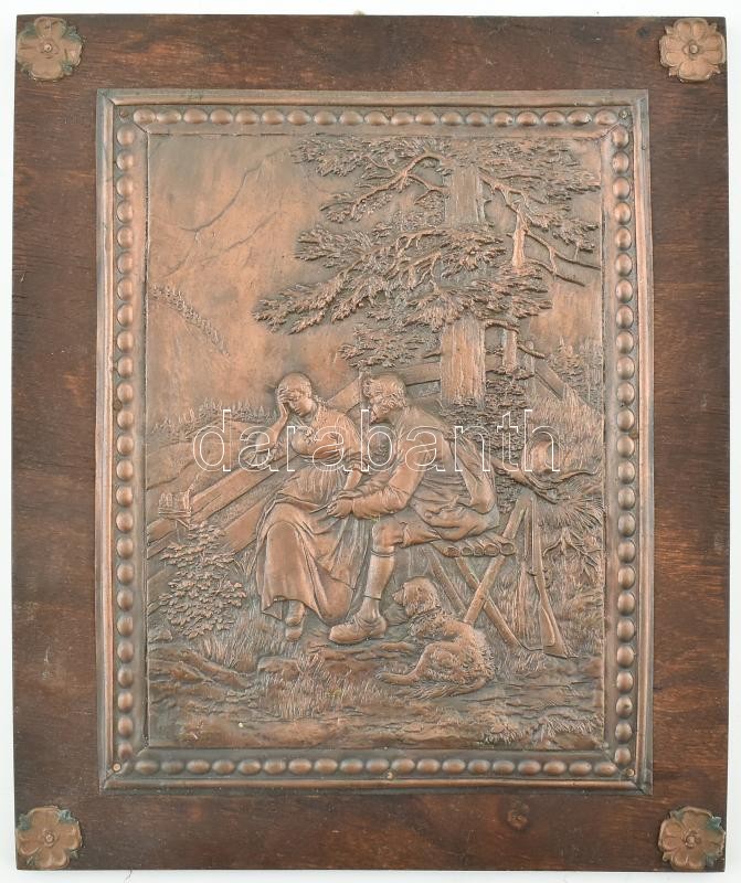 Szerelmes vadász lánykával, réz dombormű, rozettás fa lapon 25x29 cm