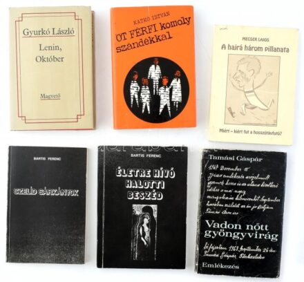 6 db könyv - Vadon nőtt gyöngyvirág; Életre hívó halotti beszéd; Szelíd sárkányok; Lenin, október; Öt férfi komoly szándékkal, A hajrá három pillanata. Kötetenként változó kötésben és állapotban.