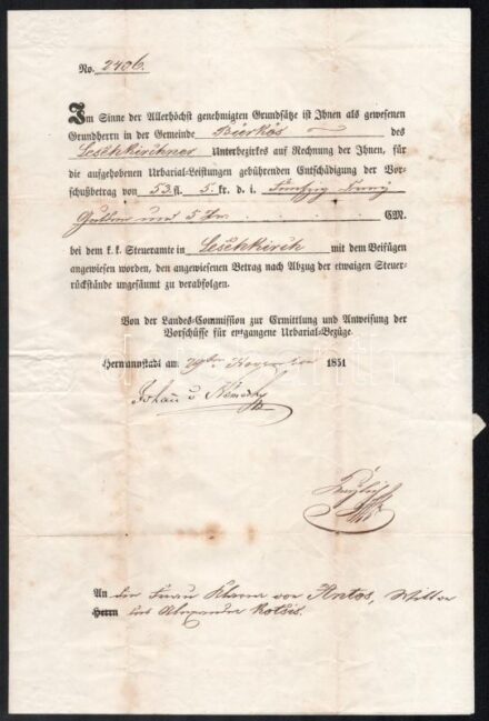1851 Nagyszeben (Hermannstadt) - földtehermentesítési értesítés az illetékes hatóságtól Bürkös (Barghis, Erdély) településen elhelyezkedő birtok ügyében, Erdély teljhatalmú császári megbízottjának szárazbélyegzőjével