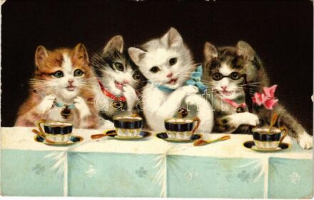 1915 Teázó macskák / Tea Party with cats. litho
