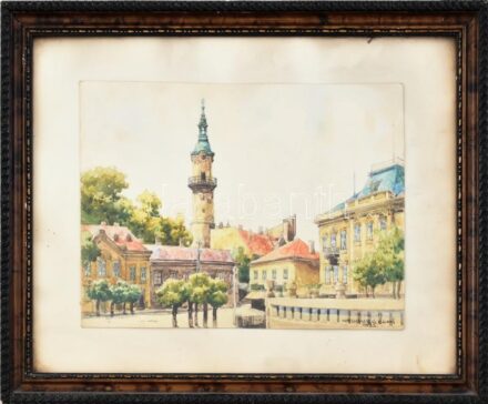 Wallburg Egon (Zórád Ernő, 1911-2004): Veszprémi tűztorony, 1935. Akvarell, papír. Jelzett. Üvegezett fa keretben. 17x24 cm