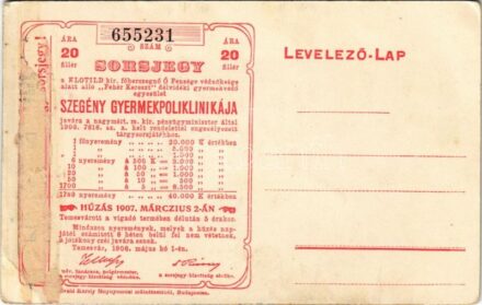 Sorsjegy a Szegény gyermekpoliklinika javára / Charity lottery ticket (ragasztónyom / gluemark)