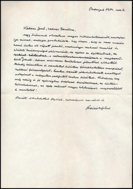 1984 Preisich Gábor (1909-1998) építész,( Ybl Miklós-(1962), Herder- (1975), Hild János- (1976), Reitter Ferenc-díj (1986)) urbanista saját kézzel írt, aláírt gratuláló levele Rados Jenő (1895-1992) építész,