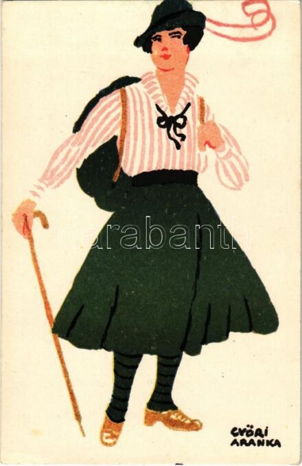 Ungarische Werkstätte, kiránduló hölgy; Diana sósborszesz / Hungarian art postcard, hiking lady. Advertisement on the backside s: Győri Aranka
