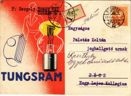 1937 Tungsram villanykörte reklám képeslap / light bulb advertisment postcard s: Csemiczky Tihamér