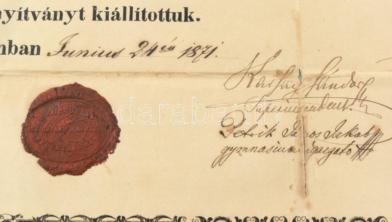 1871 Sopron, a Dunántúli Ágost. Hitv. Ev. Egyházkerület Soproni Evangélikus Tanítóképezdéjének tanítóképezdei tanfolyamának díszes oklevele, viaszpecséttel, aláírásokkal. - Image 2