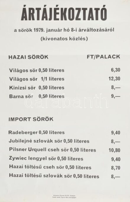 1979 Ártájékoztató a sörök 1979. január hó 8-i árváltozásáról, Bp., Athenaeum, hajtásnyomokkal, szakadt, kissé foltos, 56x40 cm