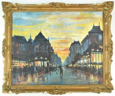 Berkes A jelzéssel: Nagyvárosi forgatag. Olaj, vászon. Dekoratív, sérült keretben. 55,5x68,5 cm