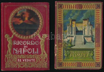 cca 1900 össz. 4 db leporelló: Velence, Trieszt, Nápoly, Pompeji, kopott, helyenként sérült vászonkötésben + 2 db Párizs, Ecole Supérieure de Pharmacie képeslap