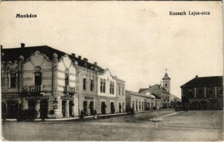 Munkács, Mukacheve, Mukacevo; Kossuth Lajos utca, Goldstein Sándor, Hausmann H. veje, Berger Herman üzlete. Bertsik Emilné kiadása / street view, shops + 'Permanenter Krankenzug No. 22.' 'Megfigyelő állomás Munkács' (EK)