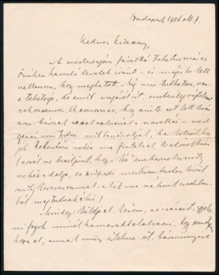 1926 Benedek Marcell (1885-1968) autográf levele ismeretlen hölgy írópalántának, aki írásairól tanácsát kérte. Benedek a levélben rokonszenvéről biztosítja az ismeretlent de kifejti neki, hogy nehéz a dolga annak, aki irodalomból