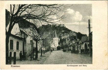 Barcarozsnyó, Rozsnyó, Rosenau, Rasnov; Templom utca és vár / Kirchengasse und Burg / church, street, castle (EK)
